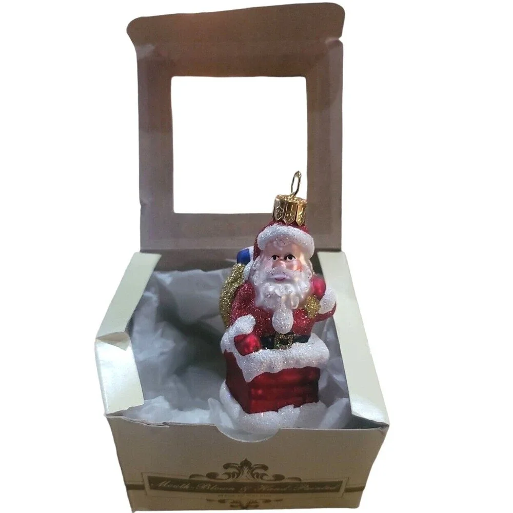 IMPULS CHRISTMAS MOUTH BLOWN HAND PAINTED ORNAMENT SANTA AND CHIMNEY with box
